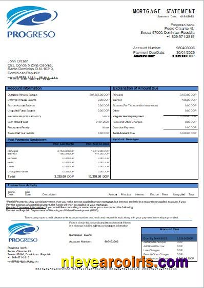 Dominican Republic Progreso bank mortgage statement